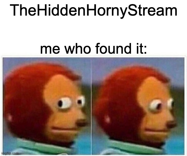 it is not hidden | TheHiddenHornyStream; me who found it: | image tagged in memes,monkey puppet | made w/ Imgflip meme maker