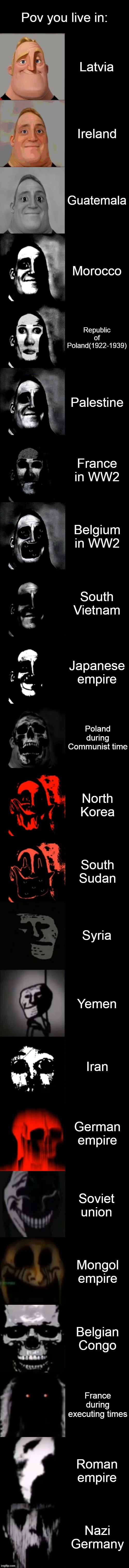 Pov you live in: | Pov you live in:; Latvia; Ireland; Guatemala; Morocco; Republic of Poland(1922-1939); Palestine; France in WW2; Belgium in WW2; South Vietnam; Japanese empire; Poland during Communist time; North Korea; South Sudan; Syria; Yemen; Iran; German empire; Soviet union; Mongol empire; Belgian Congo; France during executing times; Roman empire; Nazi Germany | image tagged in mr incredible becoming uncanny extended hd | made w/ Imgflip meme maker