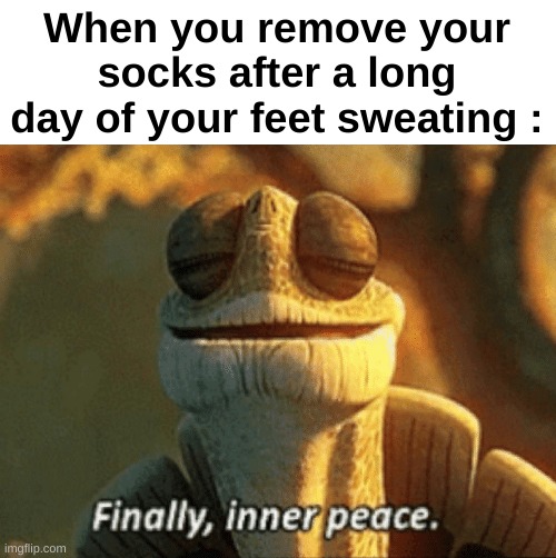 True | When you remove your socks after a long day of your feet sweating : | image tagged in finally inner peace,memes,funny,relatable,socks,front page plz | made w/ Imgflip meme maker