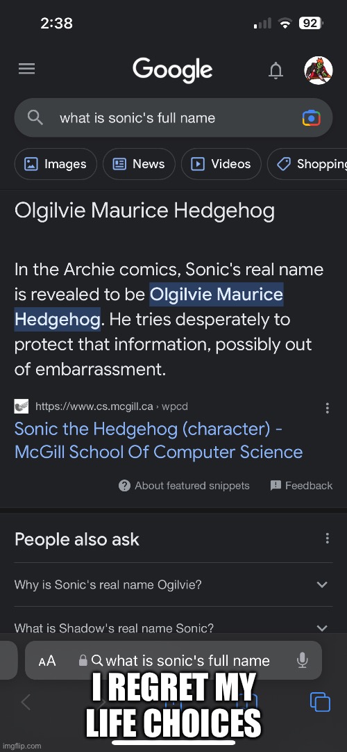 WHAT THE FU- | I REGRET MY LIFE CHOICES | image tagged in sonic the hedgehog,shitpost | made w/ Imgflip meme maker