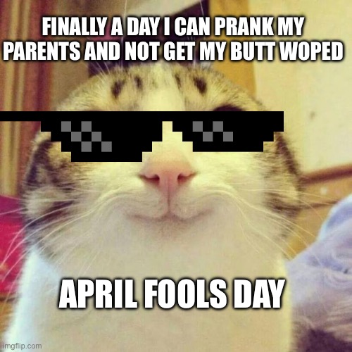 Finally… | FINALLY A DAY I CAN PRANK MY PARENTS AND NOT GET MY BUTT WOPED; APRIL FOOLS DAY | image tagged in memes,smiling cat | made w/ Imgflip meme maker