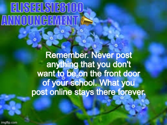 Be mindful of what you post | Remember. Never post anything that you don't want to be on the front door of your school. What you post online stays there forever. | image tagged in eliseelsie8100 announcement | made w/ Imgflip meme maker