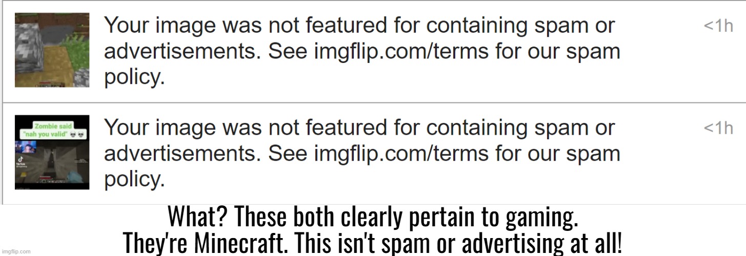What? These both clearly pertain to gaming. They're Minecraft. This isn't spam or advertising at all! | made w/ Imgflip meme maker
