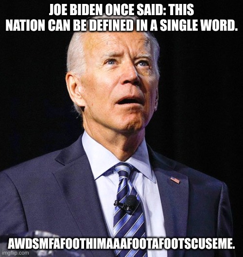 This nation can be described in a single word. | JOE BIDEN ONCE SAID: THIS NATION CAN BE DEFINED IN A SINGLE WORD. AWDSMFAFOOTHIMAAAFOOTAFOOTSCUSEME. | image tagged in joe biden | made w/ Imgflip meme maker