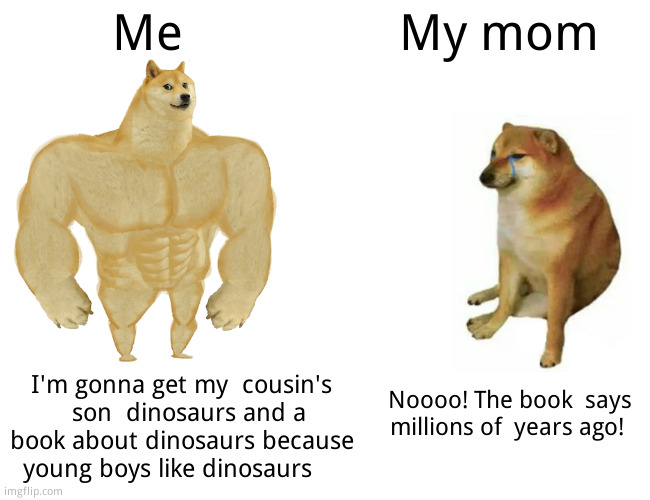 ... | Me; My mom; I'm gonna get my  cousin's   son  dinosaurs and a book about dinosaurs because young boys like dinosaurs; Noooo! The book  says  millions of  years ago! | image tagged in memes,buff doge vs cheems | made w/ Imgflip meme maker