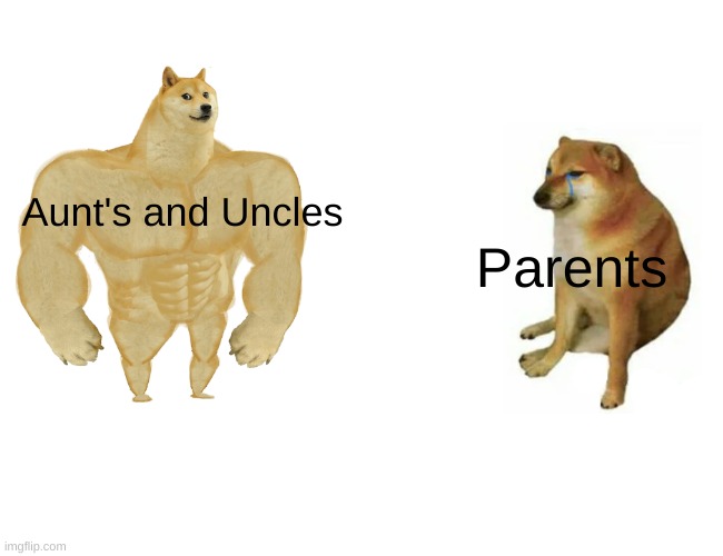 Buff Doge vs. Cheems | Aunt's and Uncles; Parents | image tagged in memes,buff doge vs cheems | made w/ Imgflip meme maker