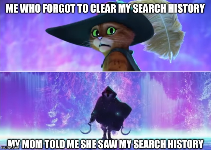 My friend experienced this today | ME WHO FORGOT TO CLEAR MY SEARCH HISTORY; MY MOM TOLD ME SHE SAW MY SEARCH HISTORY | image tagged in puss and boots scared | made w/ Imgflip meme maker