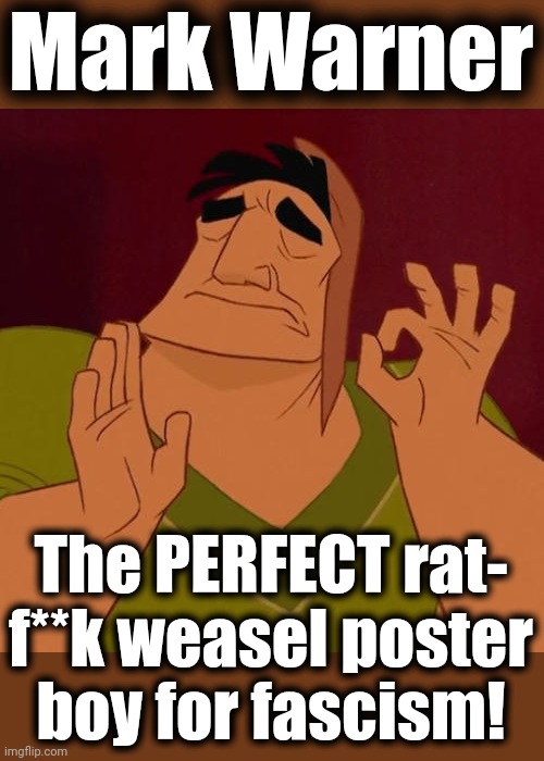 When X just right | Mark Warner The PERFECT rat-
f**k weasel poster
boy for fascism! | image tagged in when x just right | made w/ Imgflip meme maker