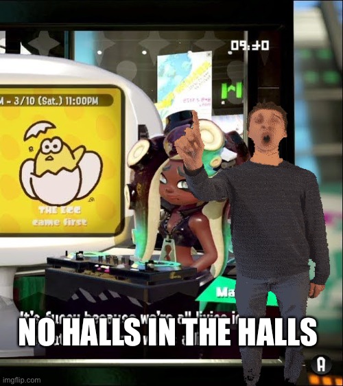 no halls in the halls. | NO HALLS IN THE HALLS | image tagged in splatoon 2 free will is a lie | made w/ Imgflip meme maker
