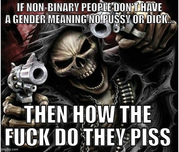 asking a legitimate question here. | IF NON-BINARY PEOPLE DON'T HAVE A GENDER MEANING NO PUSSY OR DICK... THEN HOW THE FUCK DO THEY PISS | image tagged in badass skeleton | made w/ Imgflip meme maker