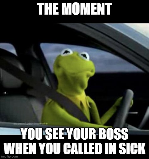 Kermit Driving | THE MOMENT; YOU SEE YOUR BOSS WHEN YOU CALLED IN SICK | image tagged in kermit driving | made w/ Imgflip meme maker