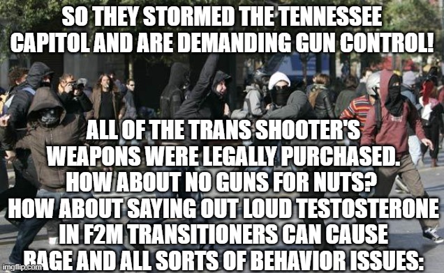 remember "roid rage"? that's testosterone | SO THEY STORMED THE TENNESSEE CAPITOL AND ARE DEMANDING GUN CONTROL! ALL OF THE TRANS SHOOTER'S WEAPONS WERE LEGALLY PURCHASED. HOW ABOUT NO GUNS FOR NUTS? 
HOW ABOUT SAYING OUT LOUD TESTOSTERONE IN F2M TRANSITIONERS CAN CAUSE RAGE AND ALL SORTS OF BEHAVIOR ISSUES: | image tagged in rioters | made w/ Imgflip meme maker