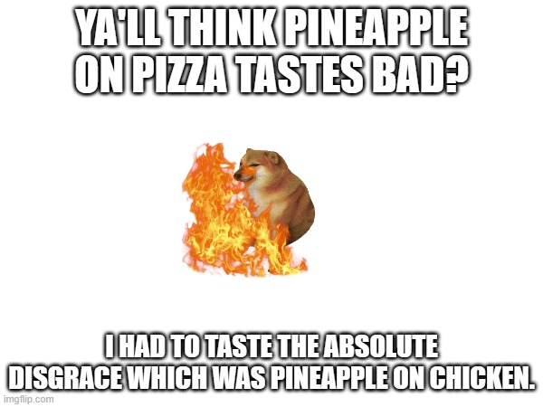 ˙◠˙ | YA'LL THINK PINEAPPLE ON PIZZA TASTES BAD? I HAD TO TASTE THE ABSOLUTE DISGRACE WHICH WAS PINEAPPLE ON CHICKEN. | image tagged in meme,memes,pizza,chicken | made w/ Imgflip meme maker