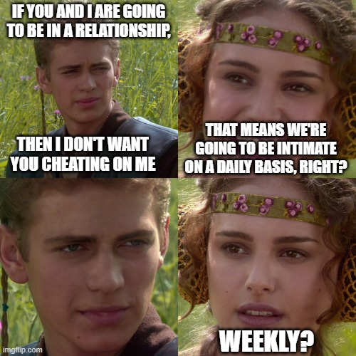 Bi-weekly? Monthly? | IF YOU AND I ARE GOING TO BE IN A RELATIONSHIP, THAT MEANS WE'RE GOING TO BE INTIMATE ON A DAILY BASIS, RIGHT? THEN I DON'T WANT YOU CHEATING ON ME; WEEKLY? | image tagged in anakin padme 4 panel,snu snu,cheating | made w/ Imgflip meme maker