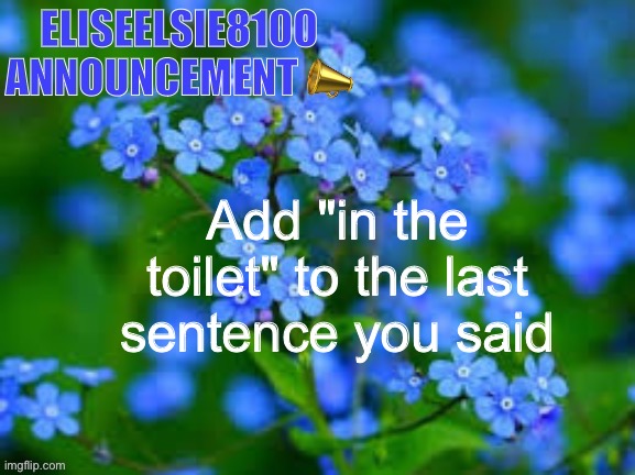 EliseElsie8100 Announcement | Add "in the toilet" to the last sentence you said | image tagged in eliseelsie8100 announcement | made w/ Imgflip meme maker