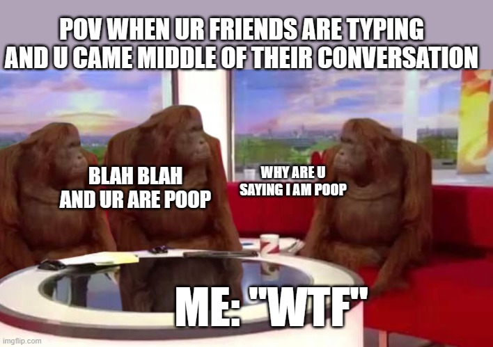 me in discrod be like | POV WHEN UR FRIENDS ARE TYPING AND U CAME MIDDLE OF THEIR CONVERSATION; WHY ARE U SAYING I AM POOP; BLAH BLAH AND UR ARE POOP; ME: "WTF" | image tagged in where monkey | made w/ Imgflip meme maker