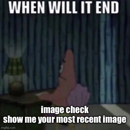 When will it end? | image check
show me your most recent image | image tagged in when will it end | made w/ Imgflip meme maker
