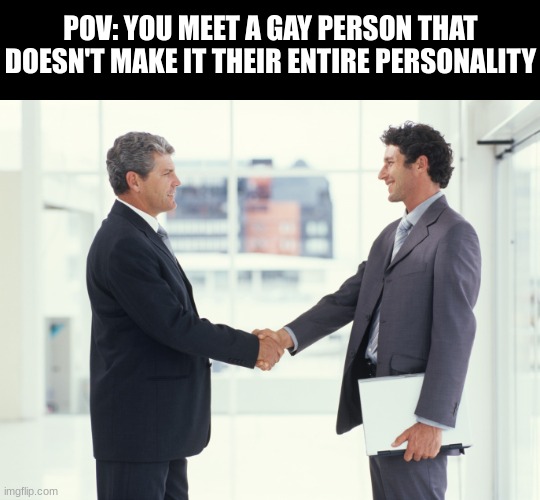 Guys shaking hands meme | POV: YOU MEET A GAY PERSON THAT DOESN'T MAKE IT THEIR ENTIRE PERSONALITY | image tagged in guys shaking hands meme | made w/ Imgflip meme maker