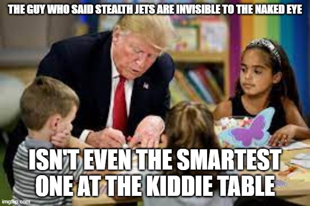 Trump at Kiddie table | THE GUY WHO SAID STEALTH JETS ARE INVISIBLE TO THE NAKED EYE; ISN'T EVEN THE SMARTEST ONE AT THE KIDDIE TABLE | image tagged in trump at kiddie table | made w/ Imgflip meme maker