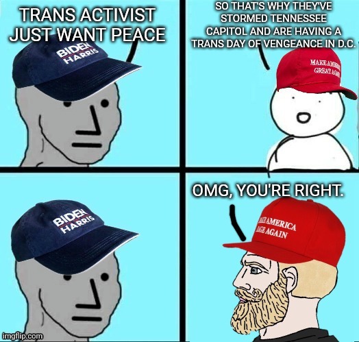 I think the average American democrat is slowly getting it | SO THAT'S WHY THEY'VE STORMED TENNESSEE CAPITOL AND ARE HAVING A TRANS DAY OF VENGEANCE IN D.C. TRANS ACTIVIST JUST WANT PEACE; OMG, YOU'RE RIGHT. | image tagged in npc democrat i'm now maga,democrat,commie | made w/ Imgflip meme maker