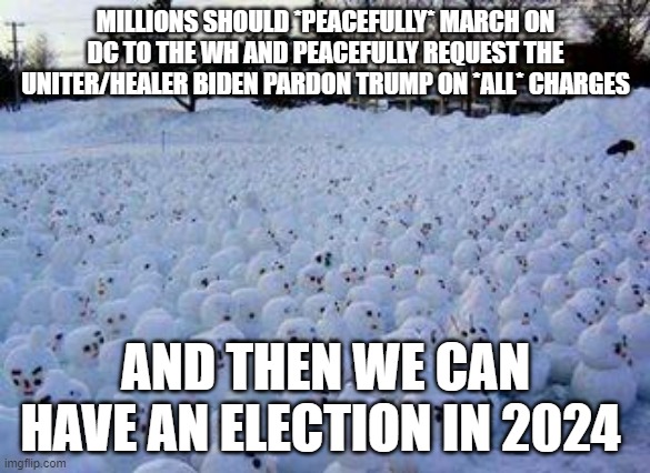 Million Snowman March | MILLIONS SHOULD *PEACEFULLY* MARCH ON DC TO THE WH AND PEACEFULLY REQUEST THE UNITER/HEALER BIDEN PARDON TRUMP ON *ALL* CHARGES; AND THEN WE CAN HAVE AN ELECTION IN 2024 | image tagged in million snowman march | made w/ Imgflip meme maker