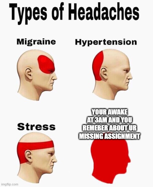 Headaches | YOUR AWAKE AT 3AM AND YOU REMEBER ABOUT UR MISSING ASSIGNMENT | image tagged in headaches | made w/ Imgflip meme maker