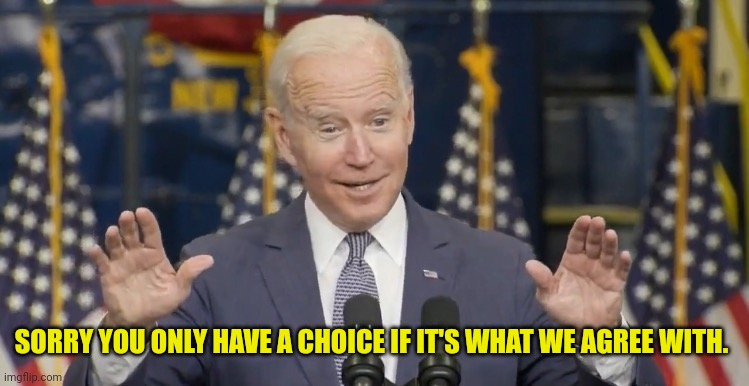 Cocky joe biden | SORRY YOU ONLY HAVE A CHOICE IF IT'S WHAT WE AGREE WITH. | image tagged in cocky joe biden | made w/ Imgflip meme maker