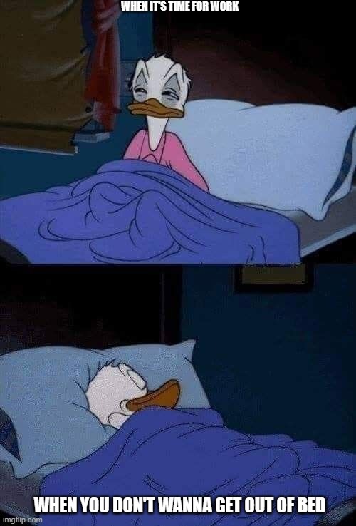 when you don't wanna go to work | WHEN IT'S TIME FOR WORK; WHEN YOU DON'T WANNA GET OUT OF BED | image tagged in donald duck,true story,facts,memes | made w/ Imgflip meme maker