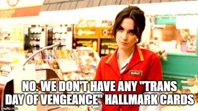 Cashier Meme | NO. WE DON'T HAVE ANY "TRANS DAY OF VENGEANCE" HALLMARK CARDS | image tagged in cashier meme | made w/ Imgflip meme maker