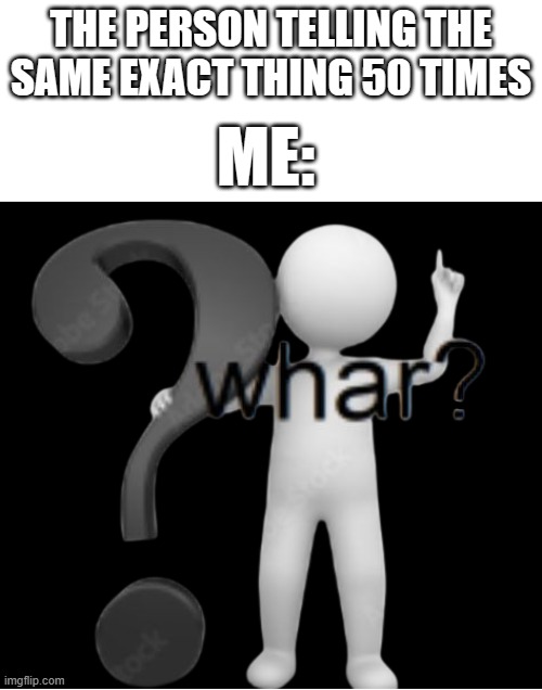 my first meme | THE PERSON TELLING THE SAME EXACT THING 50 TIMES; ME: | image tagged in whar | made w/ Imgflip meme maker