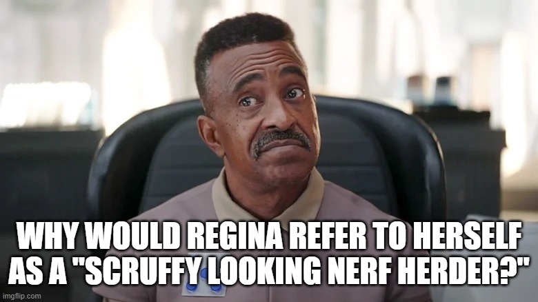 Regina Nerf Herder | WHY WOULD REGINA REFER TO HERSELF AS A "SCRUFFY LOOKING NERF HERDER?" | image tagged in star wars,the mandalorian,mean girls | made w/ Imgflip meme maker