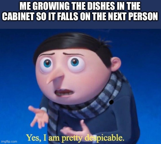 Yes, I am pretty despicable | ME GROWING THE DISHES IN THE CABINET SO IT FALLS ON THE NEXT PERSON | image tagged in yes i am pretty despicable | made w/ Imgflip meme maker