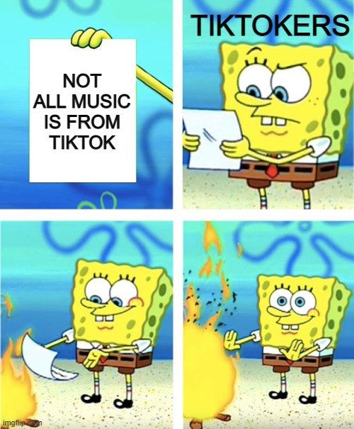 Bruh why | TIKTOKERS; NOT ALL MUSIC IS FROM TIKTOK | image tagged in spongebob burning paper,memes,tiktok,oh wow are you actually reading these tags,morons | made w/ Imgflip meme maker