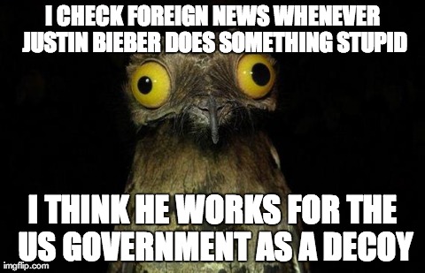 Weird Stuff I Do Potoo | I CHECK FOREIGN NEWS WHENEVER JUSTIN BIEBER DOES SOMETHING STUPID I THINK HE WORKS FOR THE US GOVERNMENT AS A DECOY | image tagged in memes,weird stuff i do potoo,AdviceAnimals | made w/ Imgflip meme maker