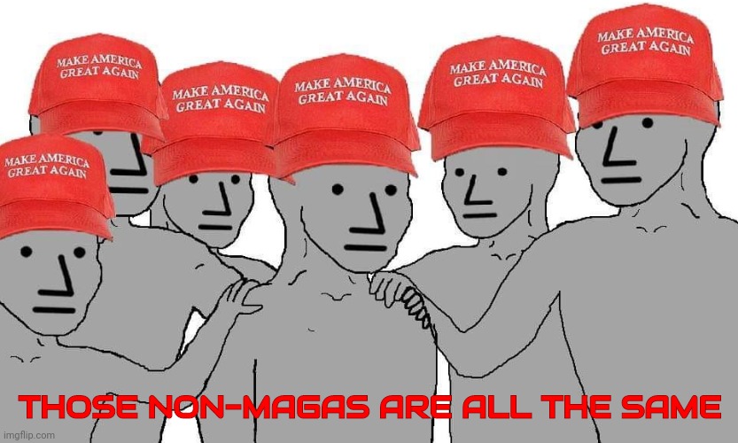 Individuality on the clonal highway | THOSE NON-MAGAS ARE ALL THE SAME | image tagged in maga npc,magas gotta maga,herds on a tether cluck together,npc bots,bots gotta bot | made w/ Imgflip meme maker