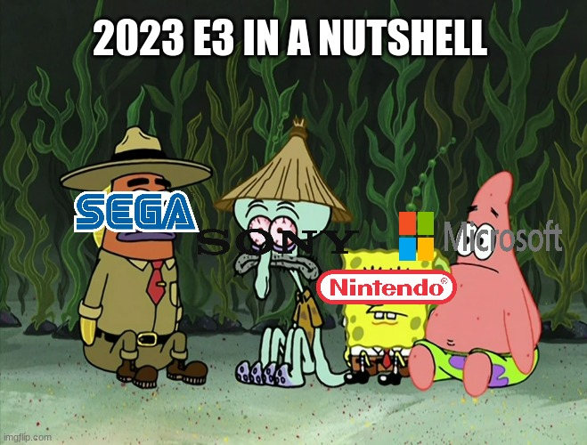 In case you're wondering what they're going to do now | 2023 E3 IN A NUTSHELL | image tagged in nintendo,microsoft,sony,sega,e3 | made w/ Imgflip meme maker