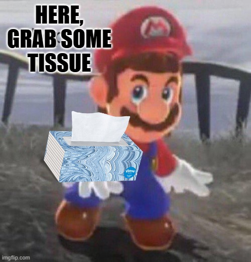 Works well for tears and mucus! | HERE,
GRAB SOME
TISSUE | image tagged in mario you dropped this,cry about it,tissue | made w/ Imgflip meme maker