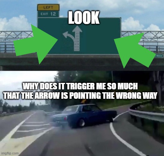 triggered | LOOK; WHY DOES IT TRIGGER ME SO MUCH THAT THE ARROW IS POINTING THE WRONG WAY | image tagged in car drift meme | made w/ Imgflip meme maker
