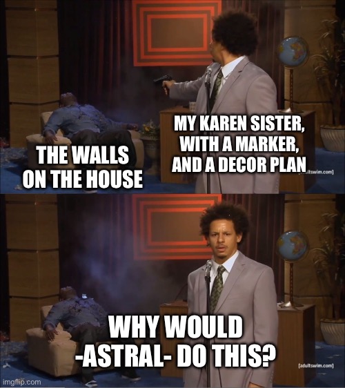 I’m sick of her bs ngl | MY KAREN SISTER, WITH A MARKER, AND A DECOR PLAN; THE WALLS ON THE HOUSE; WHY WOULD -ASTRAL- DO THIS? | image tagged in memes,who killed hannibal | made w/ Imgflip meme maker