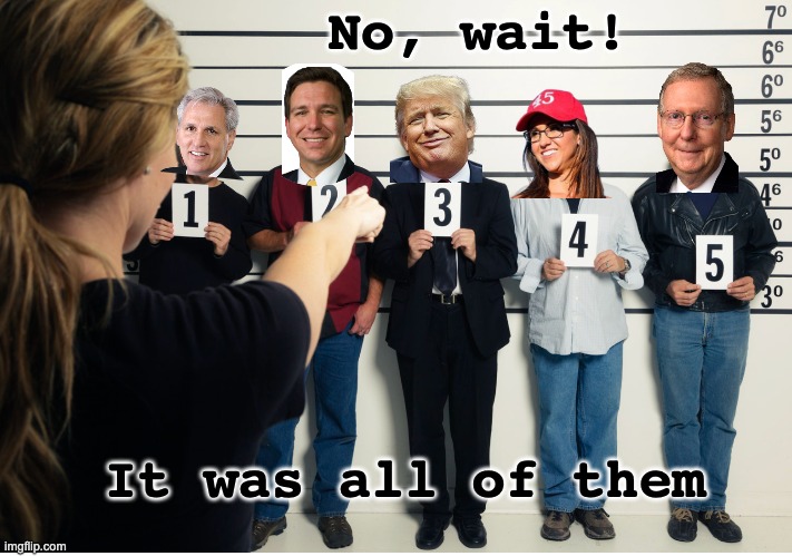 Bet you can't indict just one! | No, wait! It was all of them | image tagged in police lineup criminal lineup,trump,gop,crime,crime family | made w/ Imgflip meme maker