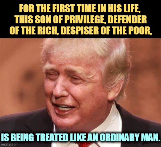 Trump despises the marks he cons. If you don't know the meaning of that sentence, it's about you. | FOR THE FIRST TIME IN HIS LIFE, 
THIS SON OF PRIVILEGE, DEFENDER OF THE RICH, DESPISER OF THE POOR, IS BEING TREATED LIKE AN ORDINARY MAN. | image tagged in trump,rich,defense,son,wealth | made w/ Imgflip meme maker