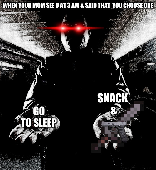 You grab a snack,you mom wake up | WHEN YOUR MOM SEE U AT 3 AM & SAID THAT  YOU CHOOSE ONE; SNACK
 &; GO TO SLEEP | image tagged in you must choose one | made w/ Imgflip meme maker
