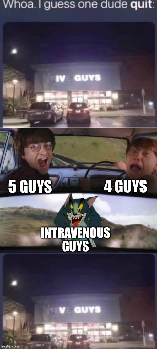 Intravenous Guys | 4 GUYS; 5 GUYS; INTRAVENOUS GUYS | image tagged in tom chasing harry and ron weasly,one girl five guys,4 guys,iv guys,intravenous | made w/ Imgflip meme maker