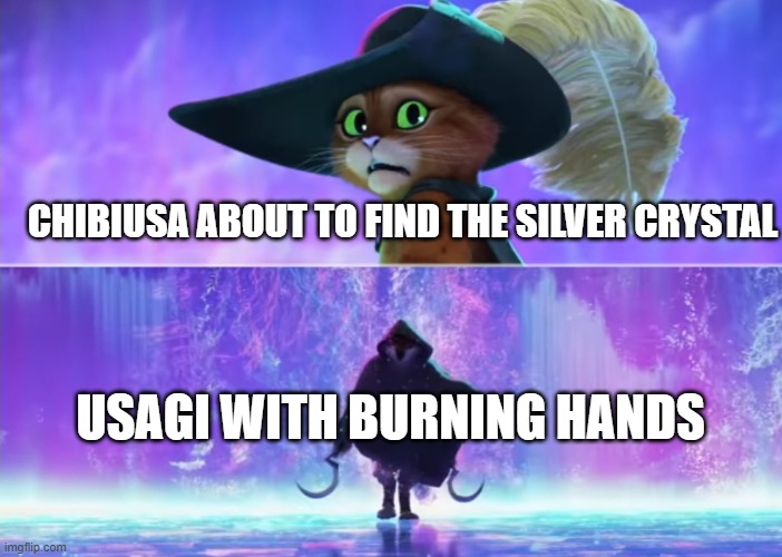 SAILOR MOON SLANDER | CHIBIUSA ABOUT TO FIND THE SILVER CRYSTAL; USAGI WITH BURNING HANDS | image tagged in puss and boots scared,sailor moon,bare bottom spanking | made w/ Imgflip meme maker