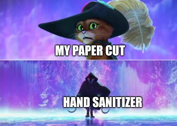 Hand sanitizer is the bane of all paper cuts | MY PAPER CUT; HAND SANITIZER | image tagged in puss and boots scared | made w/ Imgflip meme maker