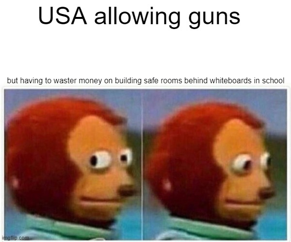 ? | USA allowing guns; but having to waster money on building safe rooms behind whiteboards in school | image tagged in memes,monkey puppet | made w/ Imgflip meme maker