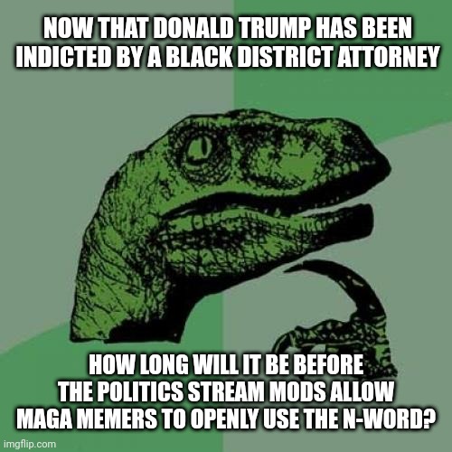 Philosoraptor | NOW THAT DONALD TRUMP HAS BEEN INDICTED BY A BLACK DISTRICT ATTORNEY; HOW LONG WILL IT BE BEFORE THE POLITICS STREAM MODS ALLOW MAGA MEMERS TO OPENLY USE THE N-WORD? | image tagged in philosoraptor,orange fragility,racist meltdowns | made w/ Imgflip meme maker