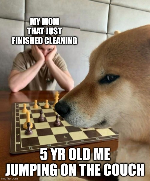 >:) EVIL ME | MY MOM THAT JUST FINISHED CLEANING; 5 YR OLD ME JUMPING ON THE COUCH | image tagged in chess doge,doge,memes,funny,childhood,cheems | made w/ Imgflip meme maker