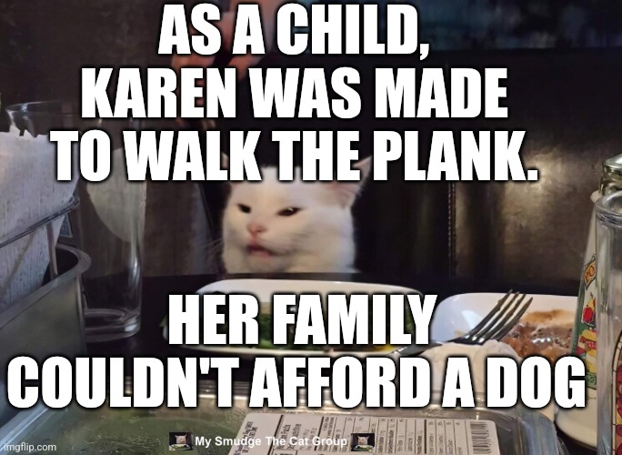 AS A CHILD, KAREN WAS MADE TO WALK THE PLANK. HER FAMILY COULDN'T AFFORD A DOG | image tagged in smudge the cat | made w/ Imgflip meme maker