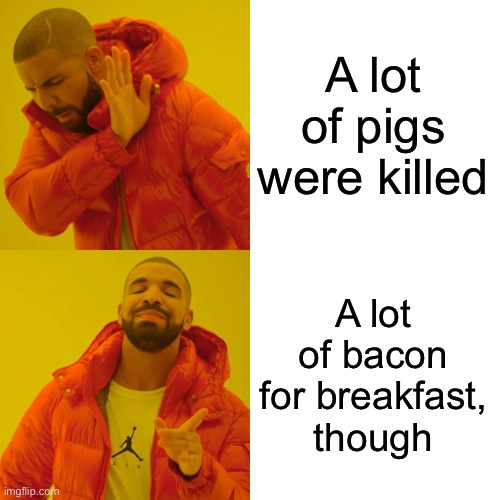 Drake Hotline Bling Meme | A lot of pigs were killed A lot of bacon for breakfast, though | image tagged in memes,drake hotline bling | made w/ Imgflip meme maker